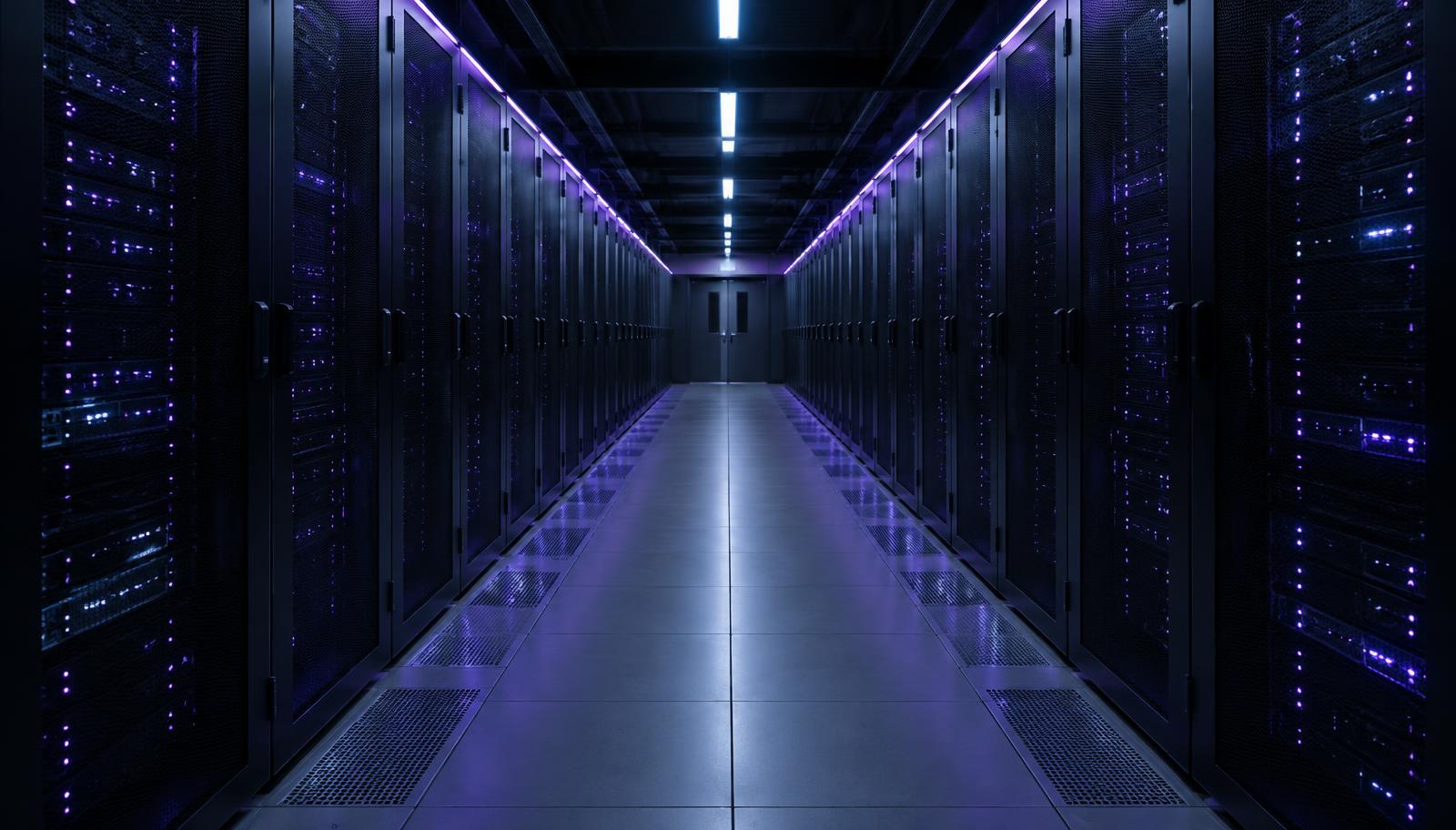 Long data centre corridor lined with server racks and violet accent lights
